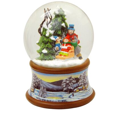 Boule à neige famille avec traîneau dans la forêt d'hiver sur socle paysage hivernal marron avec boîte à musique 10 cm de diamètre