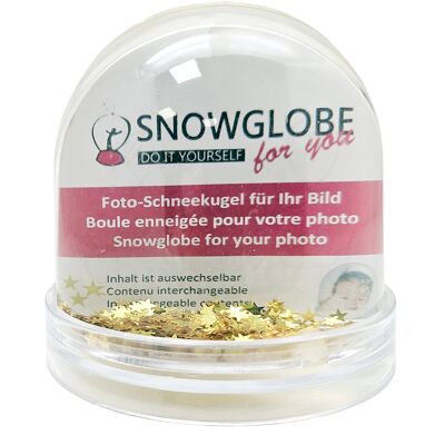Boule à neige photo grande avec base transparente - étoiles dorées