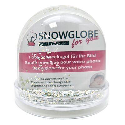 Boule à neige photo grande avec base transparente - paillettes argent or