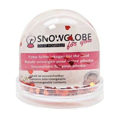 Grande boule à neige photo avec base transparente - cœurs rouges