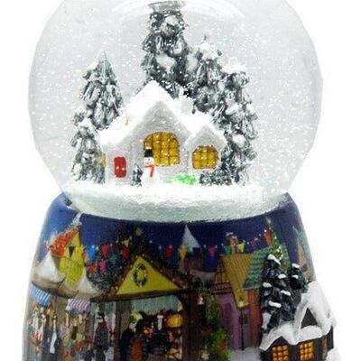 Boule à neige nostalgique avec bonhomme de neige devant une cabane avec boîte à musique - 100 mm de diamètre