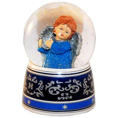 Boule à neige ange bleu avec harpe avec boîte à musique 100 mm de diamètre