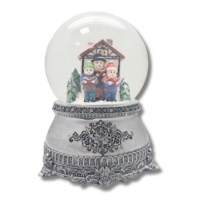 Boule à neige nostalgique Chanteur de Noël Maison à colombages sur socle en étain 100 mm de diamètre avec boîte à musique