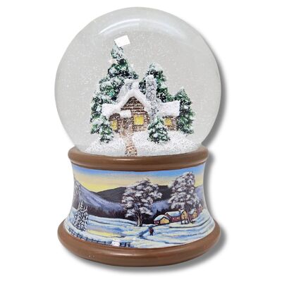 Nostalgic snow globe snow-covered winter hut on winter landscape brown tone 100 mm diameter with music box
