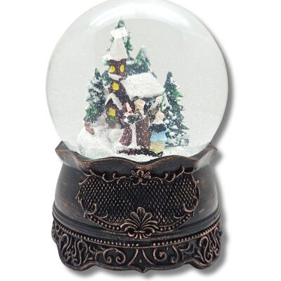 Boule à neige nostalgique promenade de Noël sur socle ornemental en cuivre antique diamètre 100 mm avec boîte à musique