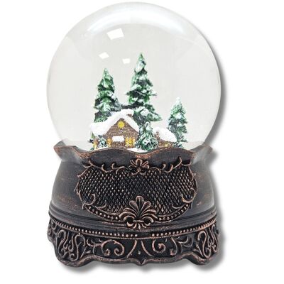 Boule à neige nostalgique cabane de montagne Hüttenzauber sur socle ornemental en cuivre antique 100 mm de diamètre avec boîte à musique