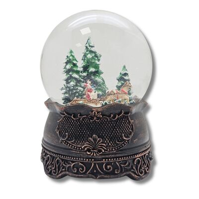 Boule à neige nostalgique balade en traîneau sur socle ornemental en cuivre antique diamètre 100 mm avec boîte à musique