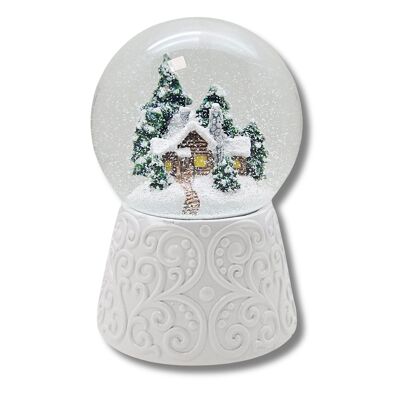 Boule à neige nostalgique cabane sur socle décoratif blanc diamètre 100 mm avec boîte à musique