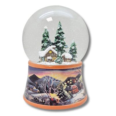 Boule à neige nostalgique cabane d'hiver enneigée sur paysage hivernal ocre 100 mm de diamètre avec boîte à musique