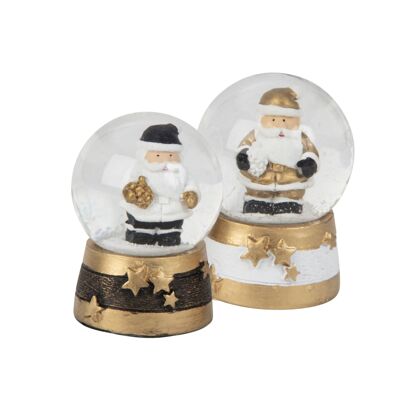 Mini boules à neige modernes Père Noël avec chaussette or noir blanc L : 45 mm 2 assorties