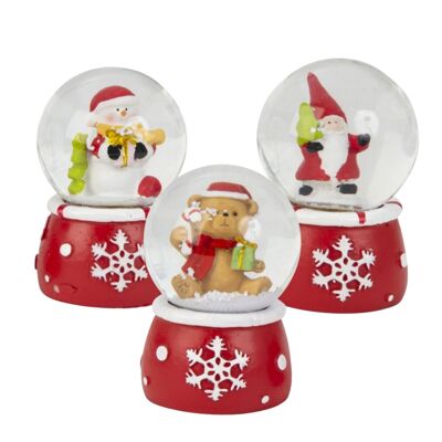 Jolies mini boules à neige Hiver & Noël avec base flocon de neige rouge blanc L : 45 mm 3 assorties