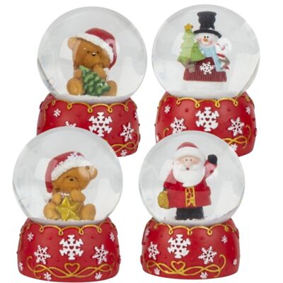 Boules à neige bonhomme de neige Père Noël avec base flocon de neige rouge blanc L : 65 mm 4 assortis