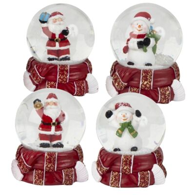 Boules à neige bonhomme de neige Père Noël avec base écharpe d'hiver rouge or L : 65 mm 4 assortis