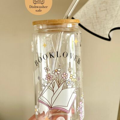 Gobelet en verre Booklover lavable au lave-vaisselle avec couvercle et paille