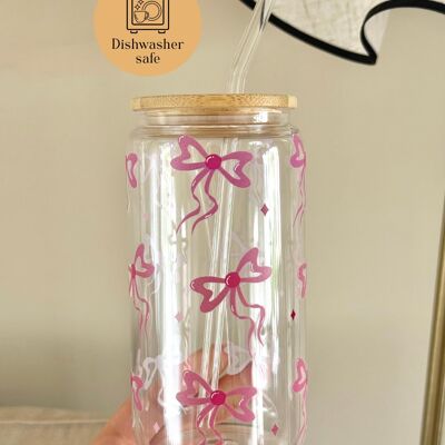 Gobelet en verre à nœuds roses, lavable au lave-vaisselle, avec couvercle et paille