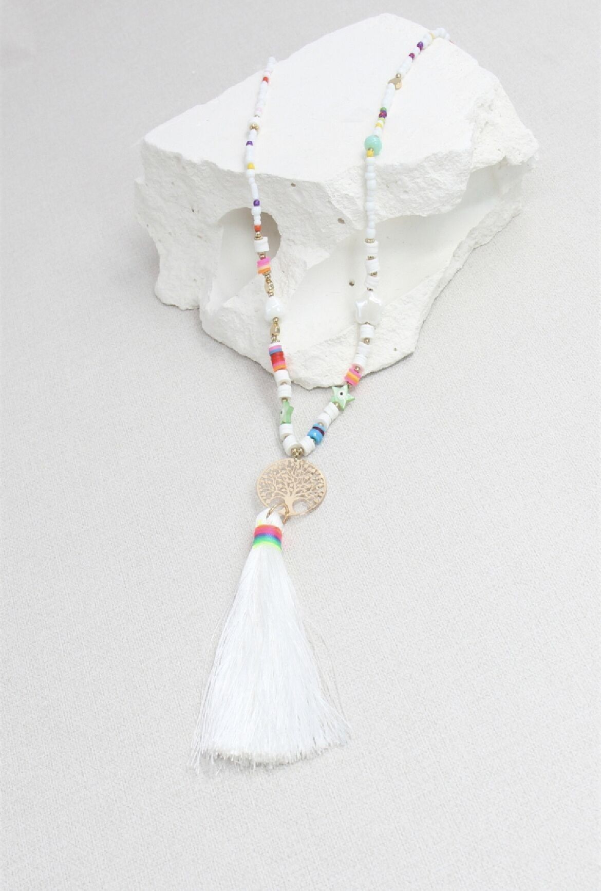 Pom-pom tree of life necklace in seed beads