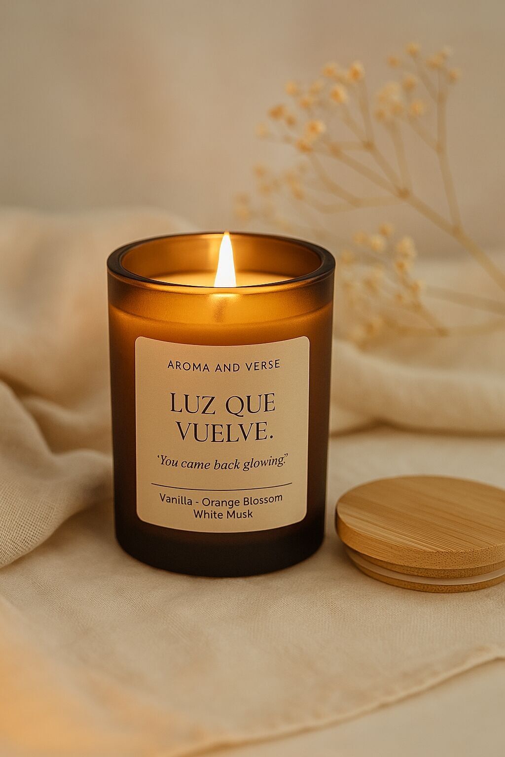 Candela profumata in cera di soia fatta a mano – Lavanda, Vaniglia e Muschio – Con una storia esclusiva – Aroma & Verse