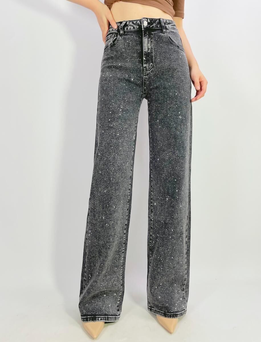 Jeans elasticizzati premium a gamba larga con strass T38-T48 - H037 - Lusa Mode