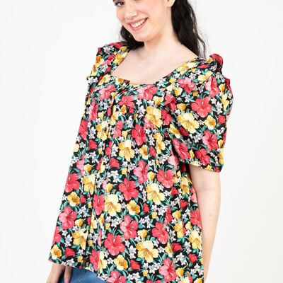 Plus size black floral print top (C6565)