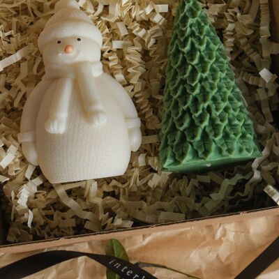 Coffret cadeau de bougies de Noël : bonhomme de neige et sapin de Noël