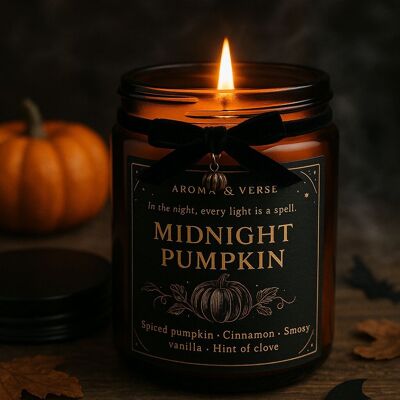 Bougie artisanale, Citrouille de minuit, Citrouille épicée, cannelle et vanille fumée, Cire de soja naturelle + Histoire exclusive, Édition limitée Halloween.