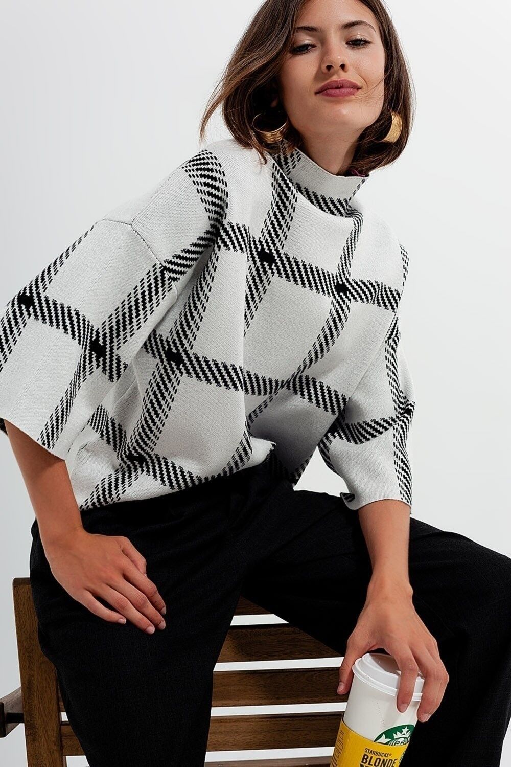 Maglione a quadri monocromo crema