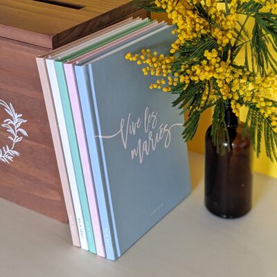 Pre-filled wedding guest book Long live the bride and groom (blue)