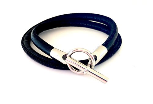 Bracelet leather black Hermes style steel
