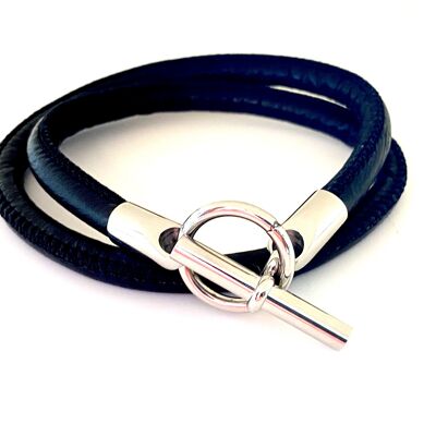 Bracelet cuir noir style Hermès acier