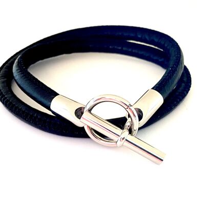 Bracelet leather black Hermes style steel