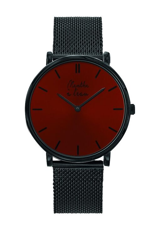 Montre L'Indécise Bracelet maille noire fond rouge