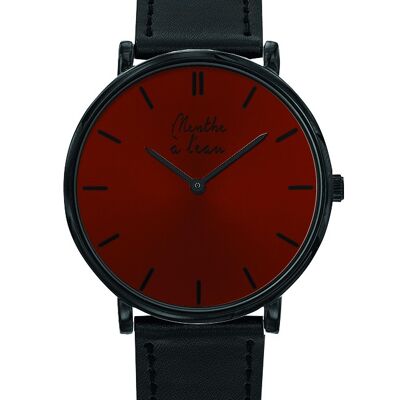 Montre L'Indécise Bracelet façon cuir noir fond rouge