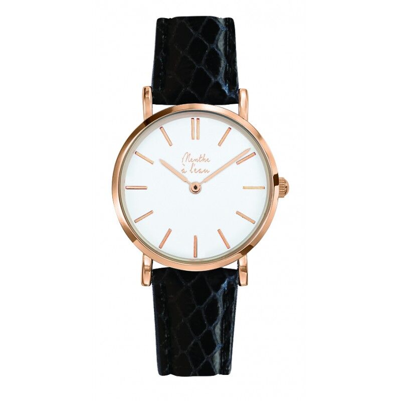 La Véritable Femme Uhr Schwarzes Pythonlederarmband mit weißem und roségoldenem Hintergrund