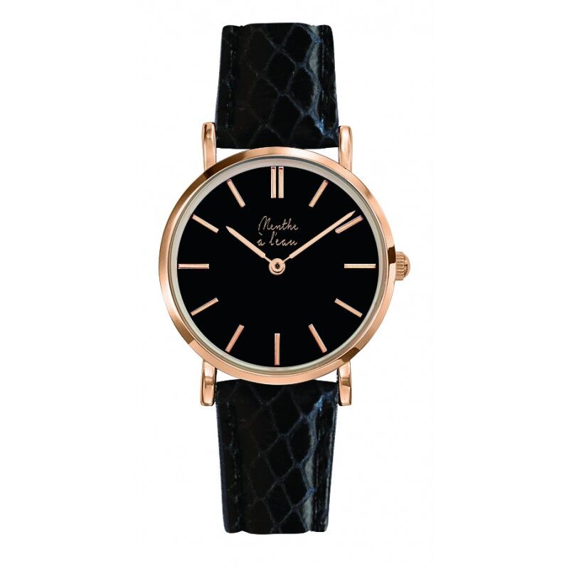 La Véritable Femme Uhr Schwarzes Pythonlederarmband mit schwarzem und roségoldenem Hintergrund