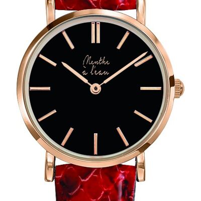 Genuine red python leather black background rose gold