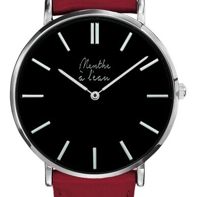 Genuine red leather chrome black background