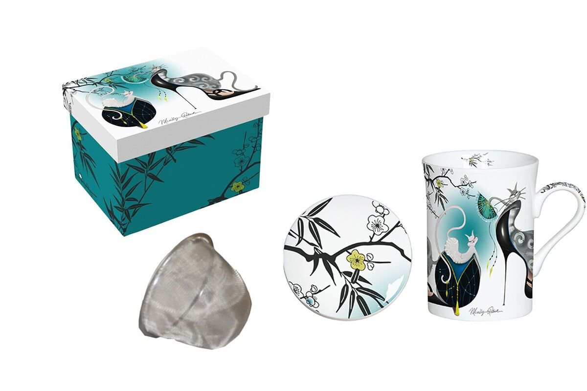 MUG TISANIERE EN PORCELAINE 300ML + INFUSEUR SAKURA BLEU-CATITUDES PAR M.ROBERTSON - CATITUDES