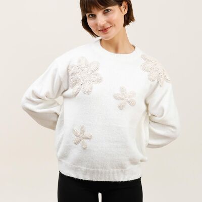 Pull Brodé à Fleurs Relief – Élégance Douce et Tendance