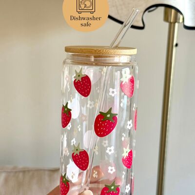 Gobelet en verre Fraises lavable au lave-vaisselle + couvercle et paille