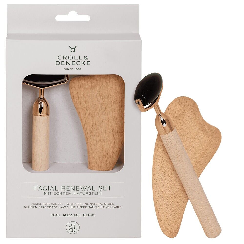 Set per il rinnovamento del viso: rullo di ossidiana e legno Gua Sha