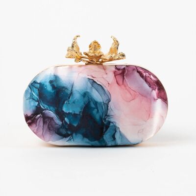 Borsa ovale con stampa a forma di fiore e artiglio, colori blu e rosa