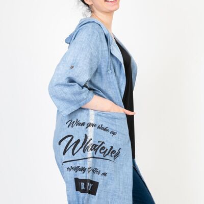 Gilet long grande taille avec inscriptions bleu jean (C8021&BLEU)