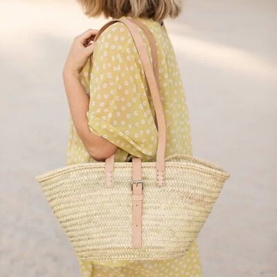 Panier marocain en paille fait main avec lanières en cuir beige – Grand sac fourre-tout tissé