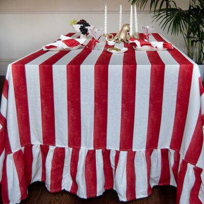 Nappe rectangulaire à volants en coton rayé rouge Riviera