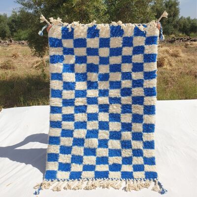 Marjana | Beni Ourain Moroccan Rug 3x5 ft Cobalt Blue Checkered | 3'44x5'12 Ft | 105x156 cm
