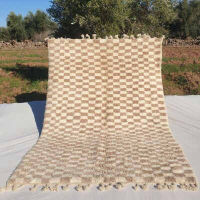 Damia – Tapis marocain Beni Ourain à carreaux beiges et blancs | Tapis en laine authentique ultra doux
