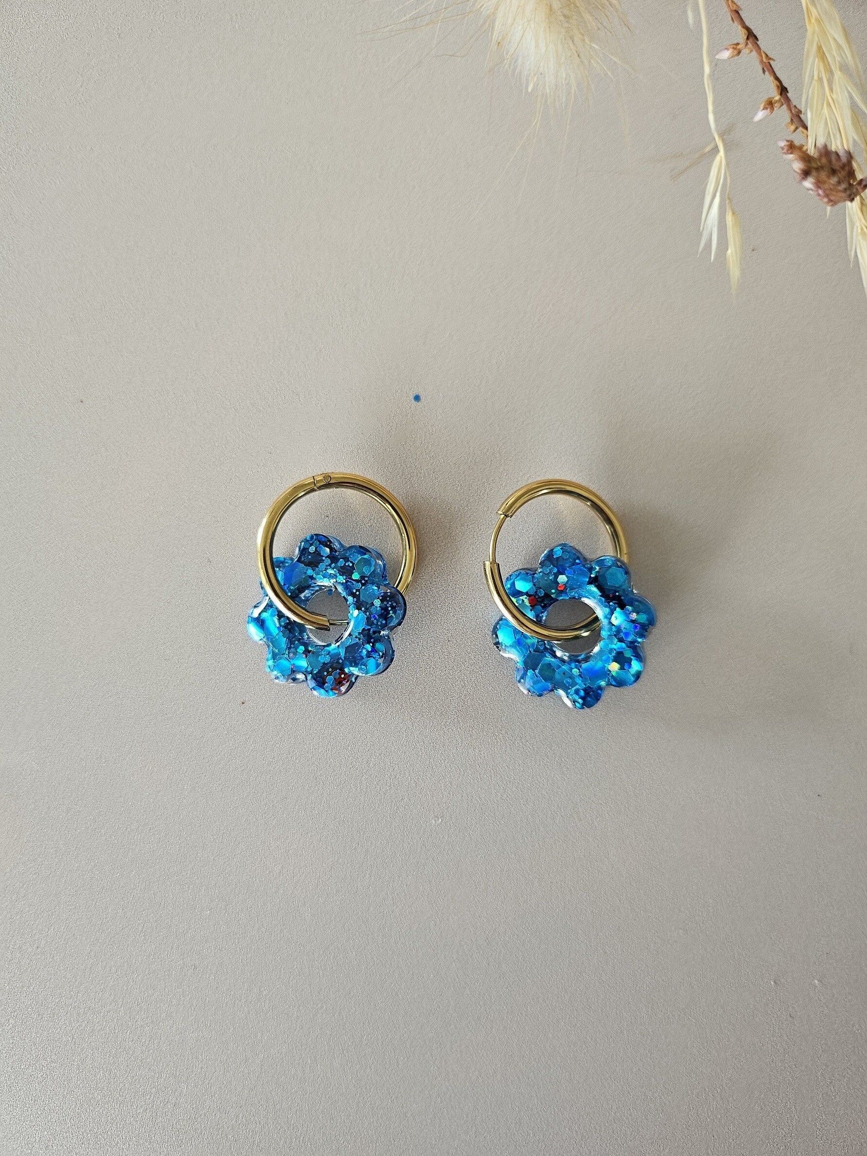 Blue resin sunflower flower hoop earrings