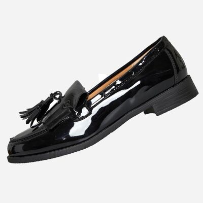 Mocasines negros de charol con flecos y borlas (paquete de 12 pares, tallas 3-8 del Reino Unido)