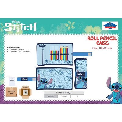 Stitch Blue Roll-Up Pencil Case with 6 Markers and 6 Pencils 30 x 20 Cm