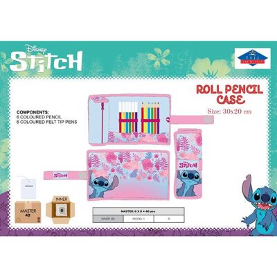 Stitch Pink Roll-Up Federmäppchen mit 6 Markern und 6 Bleistiften 30 x 20 cm
